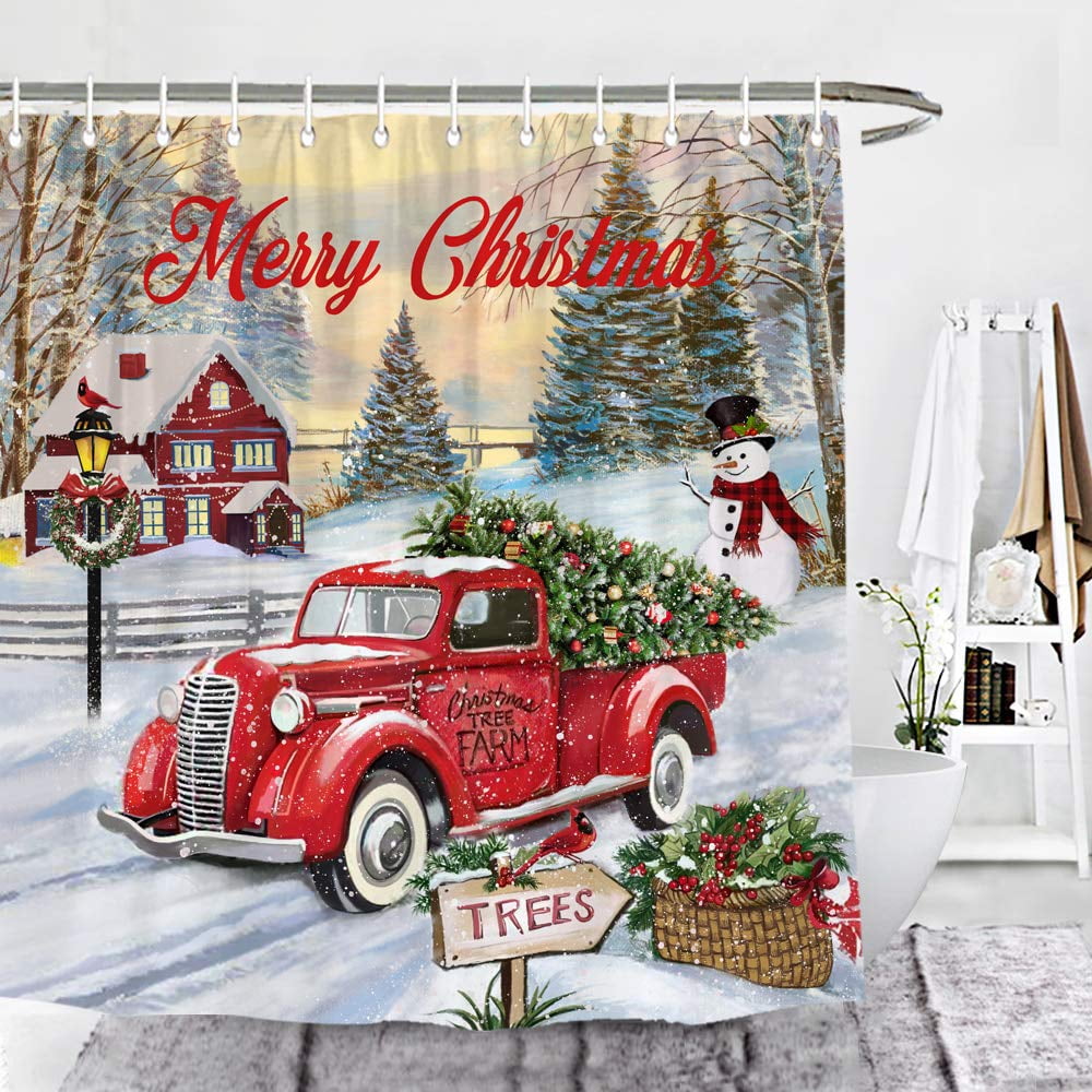 Kufutee Red Truck Christmas Shower Curtains for Bathroom, Vintage