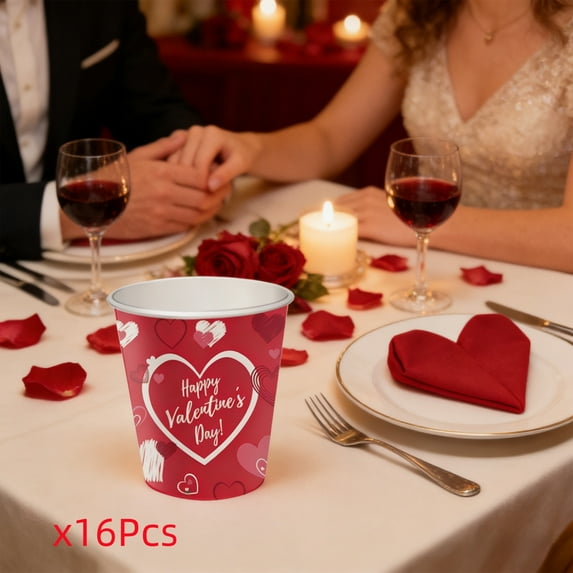 Kugachren 16Pcs Valentine's Day Themed Disposable Paper Cups, 3.5x2.8in, Perfect for Mulled Wine, Juice, Soda, Hot and Cold Beverages, Durable and Shatterproof for Holiday Parties