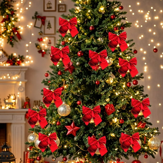 Kugisaki 12Pcs Christmas Bows Decoration, 2.2 Inch Xmas Bows Ribbon Pendant Ornament Garland for Christmas Tree Home Wedding Indoor Outdoor Party Decor