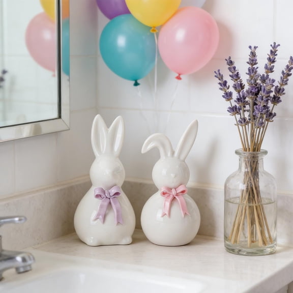 Kugisaki 2 Pack Easter Ceramic Bunny Figurine White Bunnies Decor Standing Rabbit Statue for Easter Gift Home Office Table Ornament