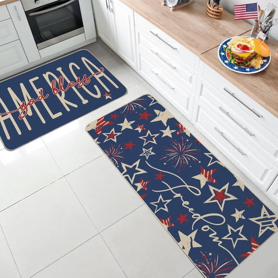 Kugisaki 2 Pcs Stars Striped Floor Mat 4th Of July Patriotic Independence Day Non Slip Floor Mat Kitchen Bathroom Rugs Indoor Outdoor