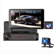 Kugisaki 4-inch IPS Screen Three Lens Dash Cam 1080P HD Wide Angle Three Recording Car Camera, Motion Tracking, Reverse Image, Gravity Sensing, 24h Parking Monitoring