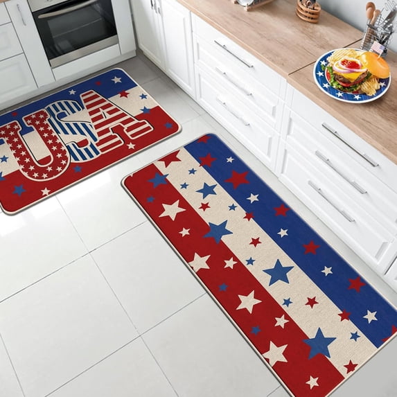Kugisaki 4th Of July Patriotic Floor Mat Set of 2 Stars Striped Floor Mat Independence Day Non Slip Carpet Kitchen Bathroom Rugs Indoor Outdoor
