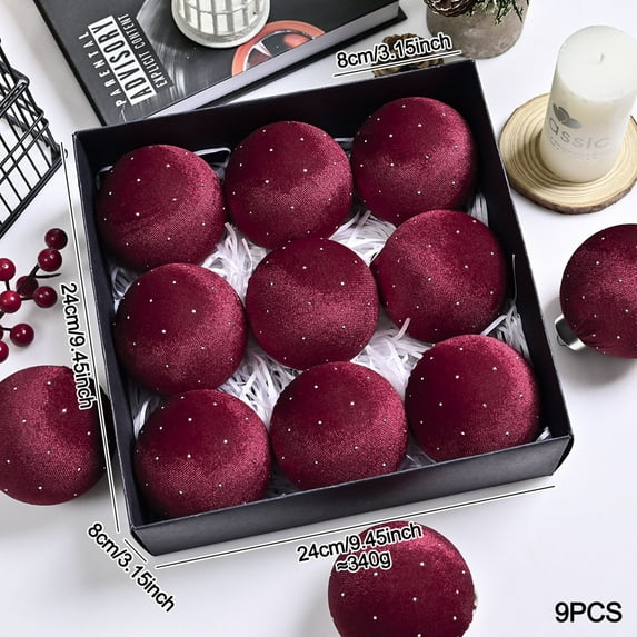Kugisaki Christmas Decor 9 PCS Velvet Christmas Balls Decorations, 8cm/3.15in Christmas Tree Hanging Balls Multiple Color, Christmas House Holiday Party Decoration