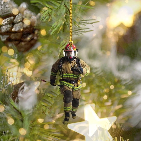 Kugisaki Acrylic Cartoon Firefighter Ornaments Creative Ornament Double Print Hanging Pendant for Christmas Tree Car Rearview Mirror Unique Gift for Firefighter