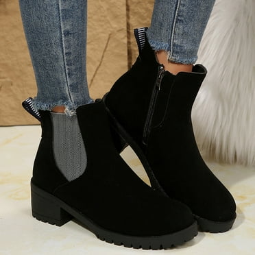 CHGBMOK Clearance Womens High Heel Short Boots Solid Color Zipper Round Toe Comfortable Casual Shoes for Christmas Gifts for Women's Indoor and Outdoor Black US Size 6.5