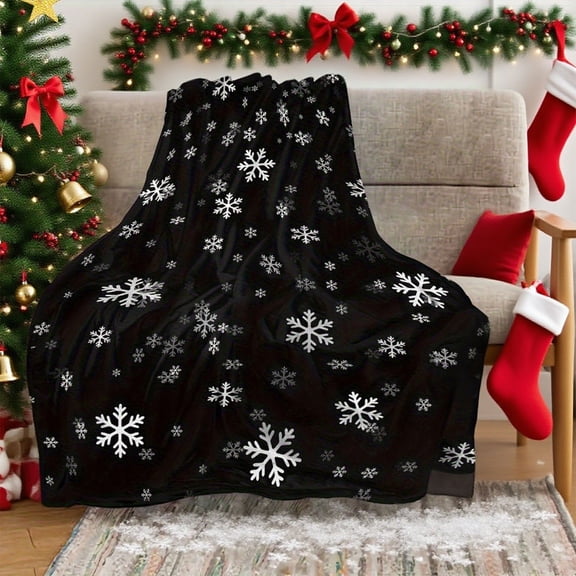 Kugisaki Christmas Flannel Blanket, Black Snowflakes Soft Cozy Warm Throw Blanket for Couch Sofa Bed, Hoilday Decorative Blanket, 27.5x39.3in