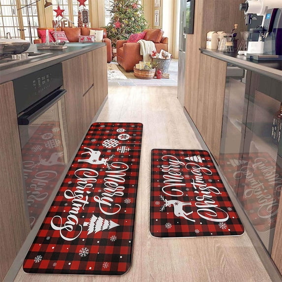 Kugisaki Christmas Kitchen Rugs and Floor Mats Set, Non-Slip Backing Mat Merry Christmas Kitchen Decor (16x24in+16x48in)