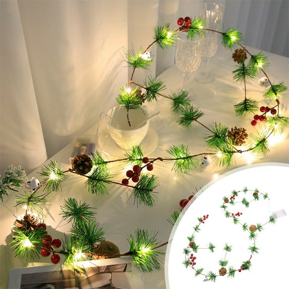 Kugisaki Christmas Decoration Christmas Pine Vine String Lights With Pines Cones Bells and Red Berries Festival Decorative Light Indoor Decoration for Christmas Table Wall Mantle Door Frame