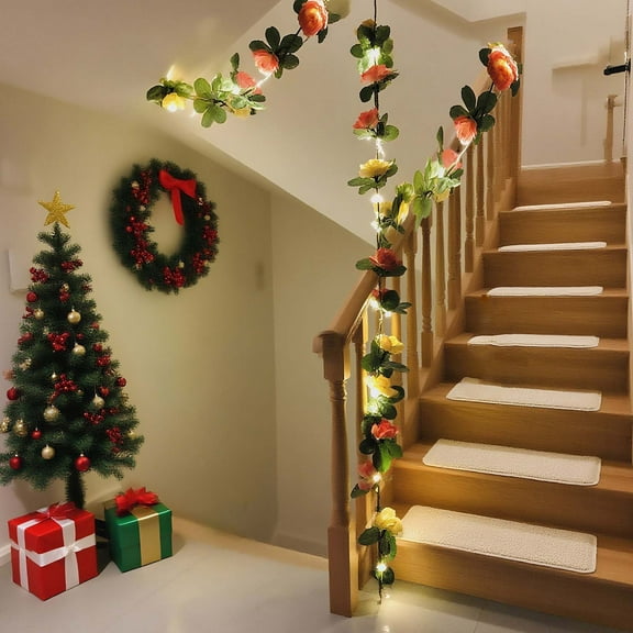 Kugisaki Christmas Decor Christmas Simulation Rose Rattan Light String, Simulation Colorful Rattan Rose Lamp String, Door Stair Bedroom Wedding Holiday Decoration