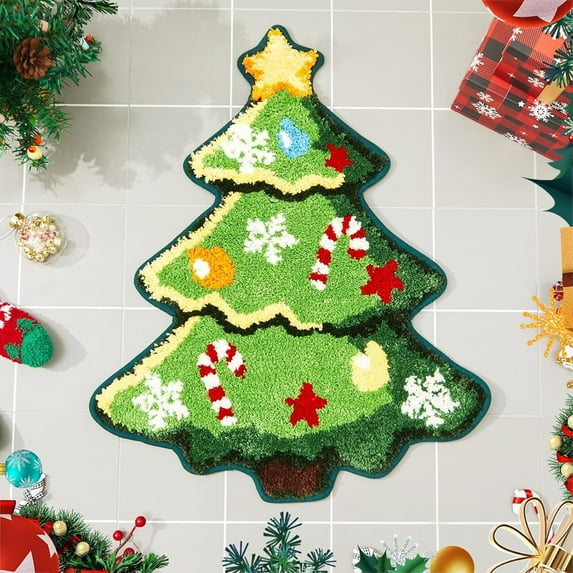 Kugisaki Christmas Theme Floor Mat, Creative Christmas Tree Shape Festival Decoration Mat, No-Slip Water Absorption Mats for Entrance Door Bedroom Bathroom