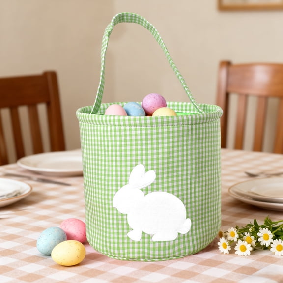 Kugisaki Easter Bunny Basket Canvas Candy Egg Easter Basket Rabbit Print Buckets Plaid Tote Bags for Easter Decoration