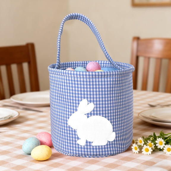 Kugisaki Easter Bunny Basket Canvas Candy Egg Easter Basket Rabbit Print Buckets Plaid Tote Bags for Easter Decoration
