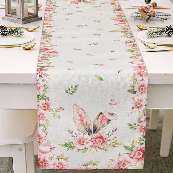 Kugisaki Easter Decoration Linen Table Runner Easter Bunny Eggs Floral Table Runner Tablecloth for Kitchen Dining Table Home Party Decorations