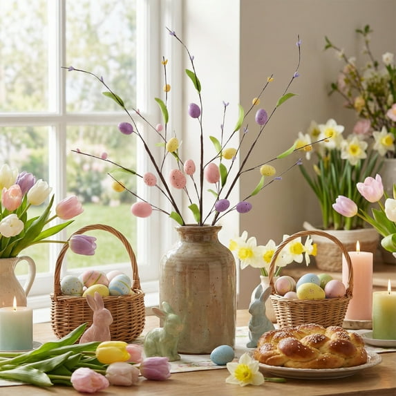 Kugisaki Easter Decorations Easter Eggs and Tulip Stems Decorative Ornaments Scene Arrangement Easter Atmosphere Props