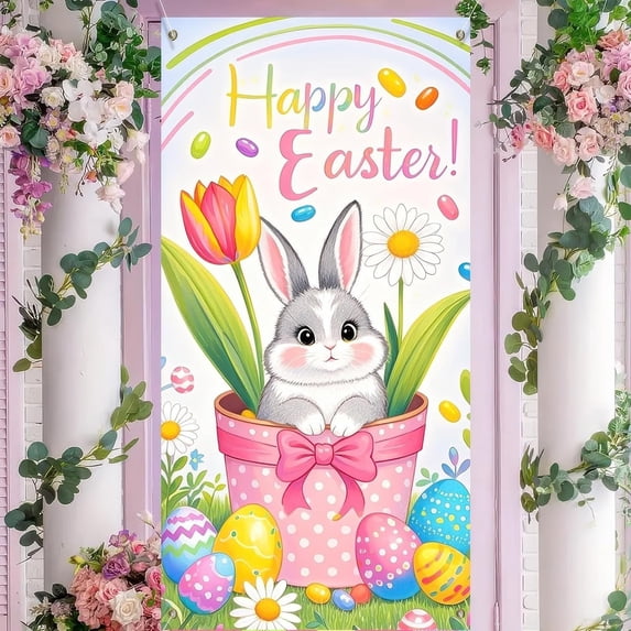Kugisaki Easter Door Cover Decorations Bunny Floral Welcome Door Banner Easter Spring Porch Outdoor Indoor Party Decoration 71x 35 Inch