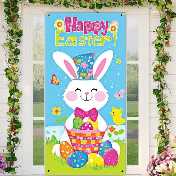 Kugisaki Easter Door Cover Decorations Bunny Floral Welcome Door Banner Easter Spring Porch Outdoor Indoor Party Decoration 71x 35 Inch