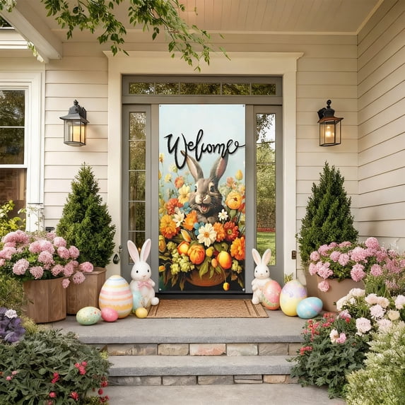 Kugisaki Easter Door Cover Decorations Bunny Printed Welcome Door Banner for Home Indoor Outdoor Festival Party Supplies Decoration 71x35 Inch