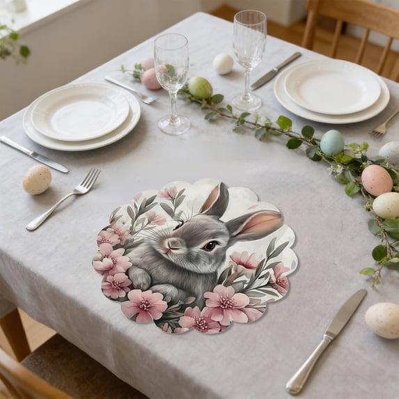 Kugisaki Easter Linen Placemats Bunny Floral Table Mat Irregular 15 In Round Placemats Suitable for Easter Decoration