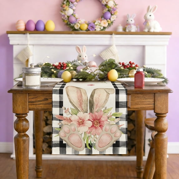 Kugisaki Easter Linen Table Runner 72 Inch Easter Bunny Eggs Floral Table Runner Plaid Check Decor for Kitchen Dining Table Home Party Decorations