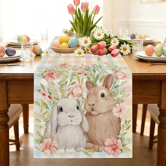 Kugisaki Easter Linen Table Runner 72 Inch Easter Bunny Eggs Floral Table Runner Plaid Check Decor for Kitchen Dining Table Home Party Decorations