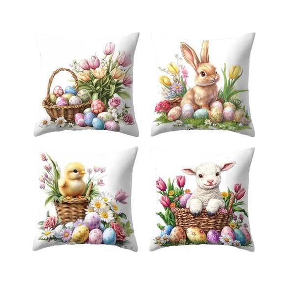 Kugisaki Easter Pillow Covers 18x18 Inch Set of 4 Easter Bunny and Eggs Spring Home Decor Pillowcase Square Cushion Covers for Sofa Bed Couch