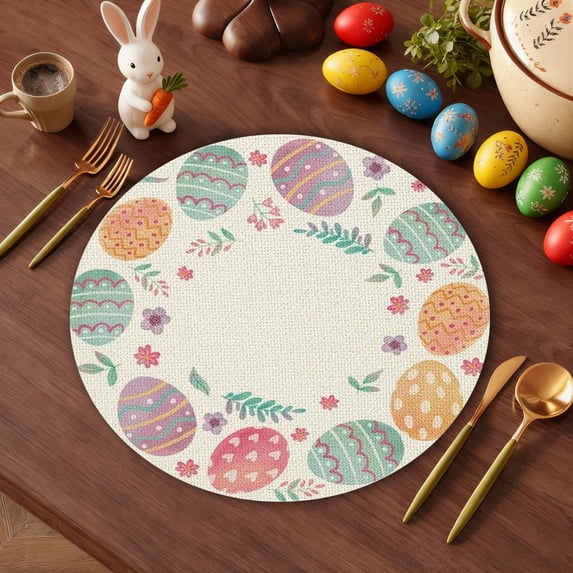 Kugisaki Easter Placemats 15 Inch Round Easter Bunny Floral Plaid Table mats Holiday Home Decor Party Table Ambient Layout
