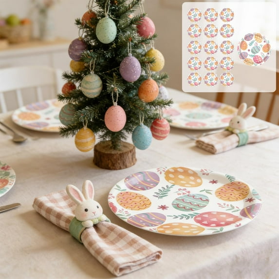 Kugisaki Easter Tableware Colorful Eggs Disposable Plates & Paper Cup and Napkins with "Happy Easter" for Easter Spring Holiday Home Parties