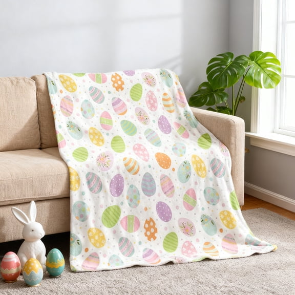 Kugisaki Easter Throw Blankets Happy Easter Colorful Eggs Soft Flannel Blanket for Home Couch Sofa Bedroom Ideal Gift, 51.2"x59.1"