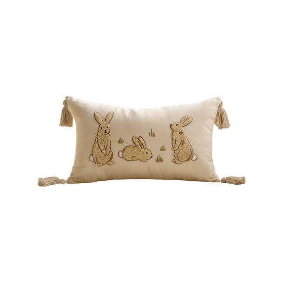 Kugisaki Easter Throw Pillow Covers 12x20 Inch Bunny Embroidered Pillow Case Spring Decorative Pillowcases with Fringe for Couch Sofa Bedroom