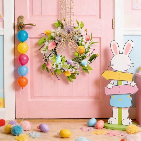 Kugisaki Easter Wreath 2 Pack Easter Wreaths with Colorful Eggs & Flowers for Front Door Porch Wall Farmhouse Spring Easter Holiday Party