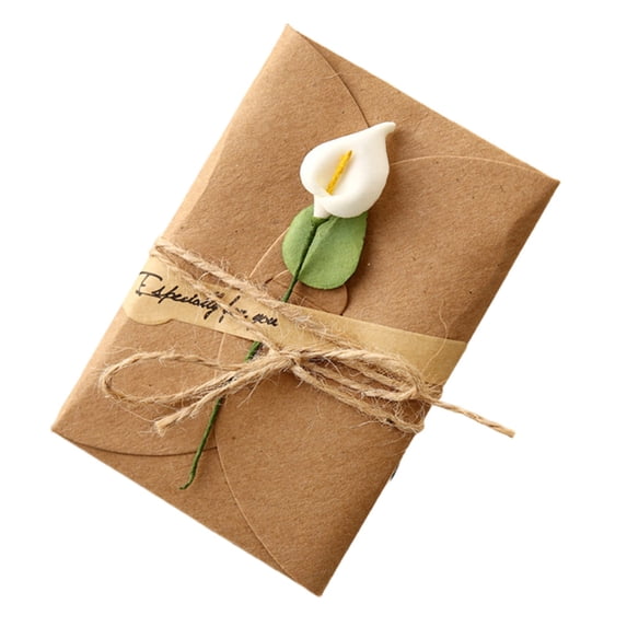 Kugisaki Flower Greeting Card Vintage Kraft Handmade Blank Best Wish Card Rope Envelope for Birthday Party Valentine's Day