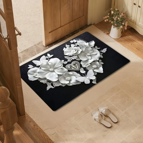 Kugisaki Valentine's Decoration Indoor Flower Printed Bathroom Rug Absorbent Bath Mat Soft Non Slip Bath Rug for Home Bathroom Decoration,16x24in