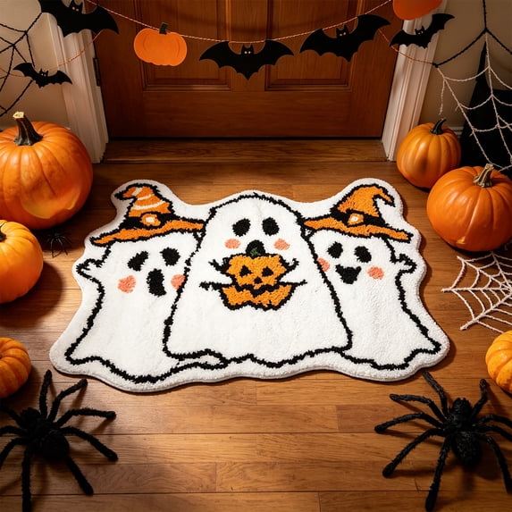 Kugisaki Halloween Plush Flocked Doormat Cute Ghost Shaped Floor Mat Non-Slip Rugs for Home Livingroom Bedroom Decor