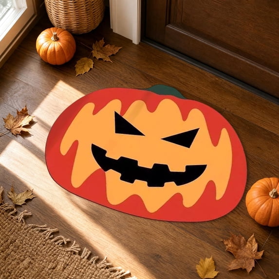 Kugisaki Halloween Plush Flocked Doormat Pumpkin Shaped Floor Mat Non-Slip Rugs for Home Livingroom Bedroom Decor