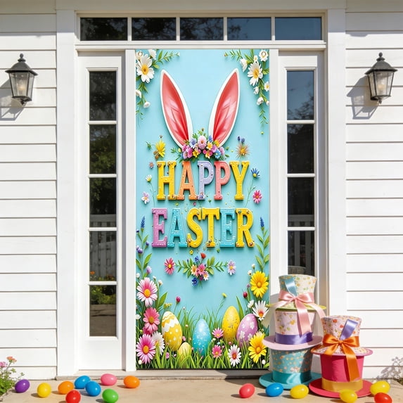 Kugisaki Happy Easter Door Cover Cute Rabbit Printed Welcome Door Banner Easter Spring Porch Outdoor Indoor Party Decoration 71x35 Inch