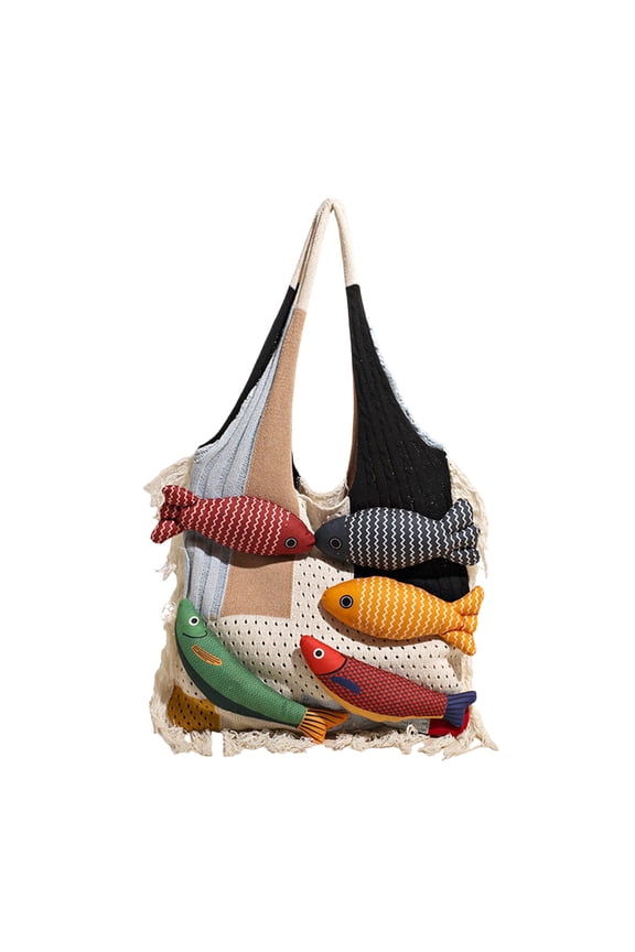 Knitted Beach Shoulder Bag for Women 3D Fish Bohemian Tote Versatile Purse Soft Handbag for Summer Vacation