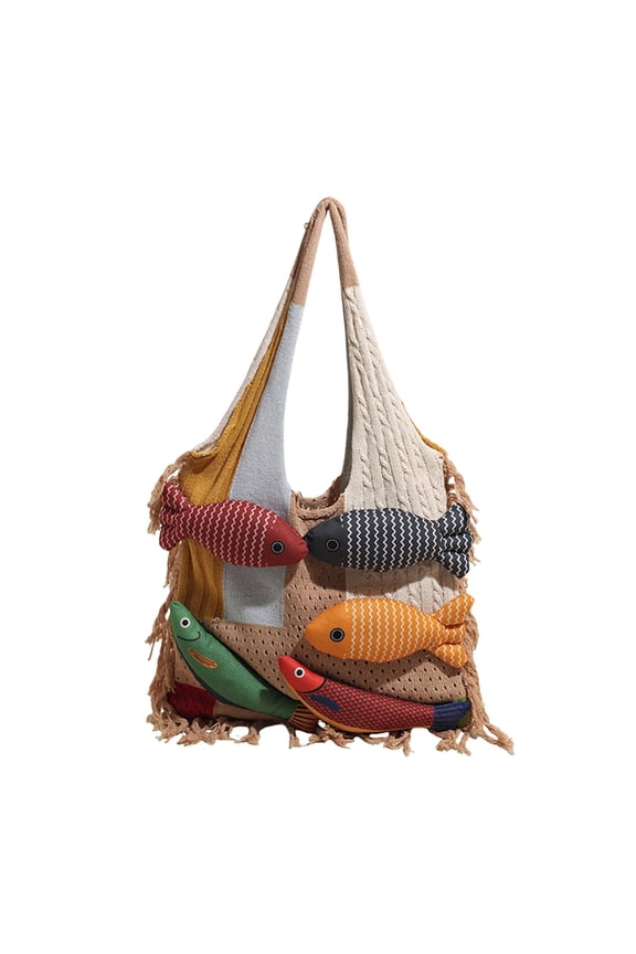 Knitted Beach Shoulder Bag for Women 3D Fish Bohemian Tote Versatile Purse Soft Handbag for Summer Vacation