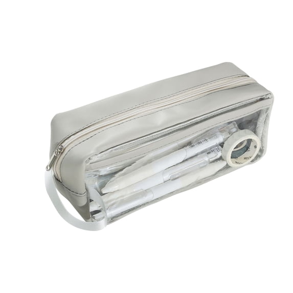 Kugisaki Large Grid Mesh Pencil Case with Transparent Windows Compartment Pen Bag Clear Handheld Multifunction Pencil Pouch Transparent Makeup Bag