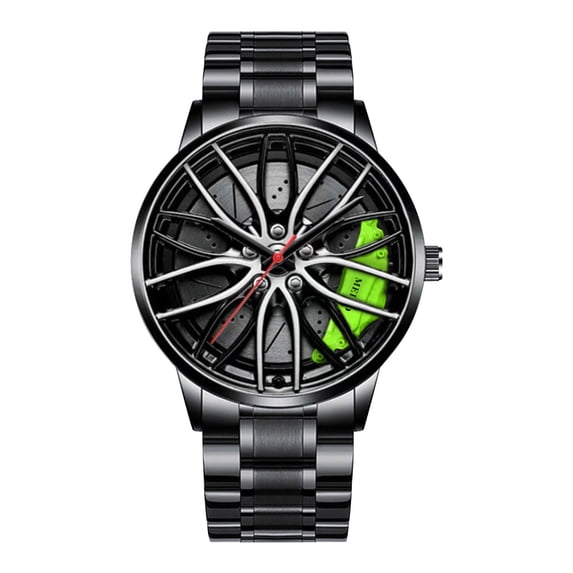 Kugisaki Mens Wrist Watch Creative 3D Spinning Car Wheel Rotating Watches Rim Hub Fashion Quartz Stylish Wristwatch with Stainless Steel Strap