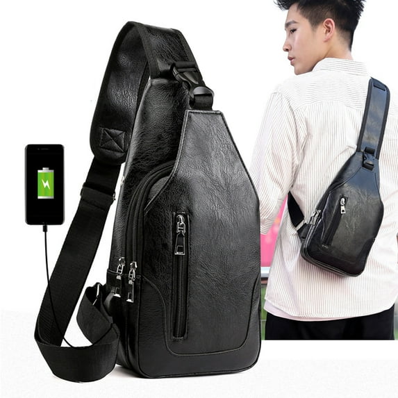 Kugisaki Sling Bag for Men Women,Leather Sling Bag,Shoulder Backpack Chest Bags Crossbody Daypack with USB and Earphone Hole for Daily Commuting Camping Travel