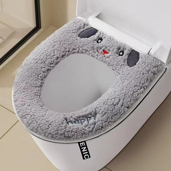 Kugisaki Soft Fleece Toilet Seat Cover Pads, Cute Cartoon Pattern Stretchable Washable Toilet Seat Cushion Cover with Handle, Comfortable Toilet Lid Seat Cover