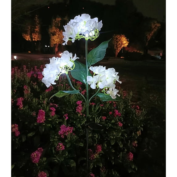 Kugisaki Solar Lights 3 LED Hydrangea Flower Lights Outdoor Waterproof Plastic Garden Stake Lights for Yard Pathways Decor