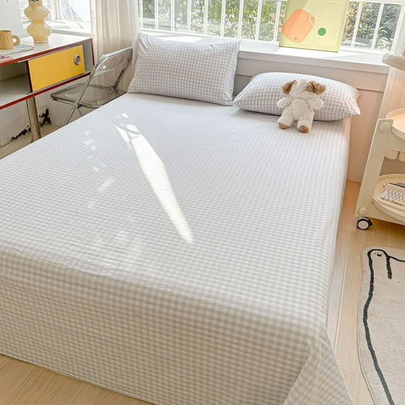 Kugisaki Solid Color Flat Bed Sheet Washed Cotton, Plaid Queen Sheet Ultra Soft, Comfy Breathable & Cooling - Fade & Wrinkle Free - Easy-Care, Stain & Shrink Resistant Bedding