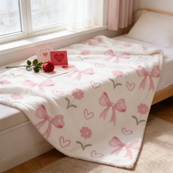 Kugisaki Valentine's Decoration Indoor Valentine's Day Throw Blankets Soft Cozy Flannel Blankets for Sofa Bed Pink Bows Printed Wedding Anniversary Romantic Gifts 39.3x51.2in