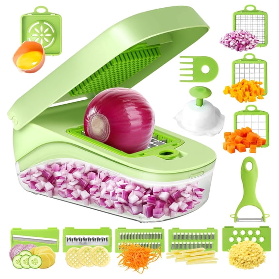 Kugisaki Vegetable Chopper Dicer with Container Cheese Grater Mandoline Slicer Cabbage Shredder French Fry Cutter Stainless Steel Manual Hand Cooking Gadget