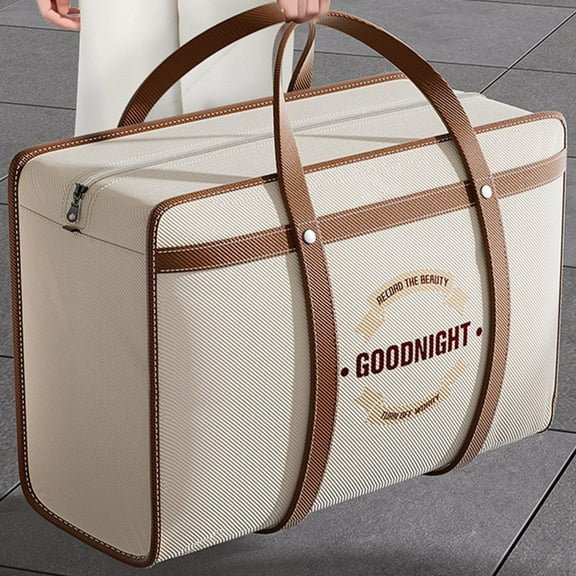 Kugisaki Vintage Style Canvas Storage Bin, Beige with Brown Leather Accents Clothing Quilt Storage Bin, Printed Multipurpose Tote for Household Moving Travel