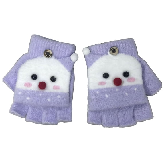 Kugisaki Winter Gloves Fold-over Half-finger Knitted Gloves Cute Cartoon Pattern Windproof Soft Thermal Gloves Breathable Mittens