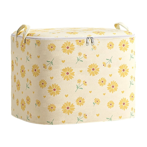 Kugisaki Yellow Floral Print Storage Bin, Large-Capacity Fabric Organizer with Zipper & Handles, Home Storage Solution for Clothes, Bedding & Toys