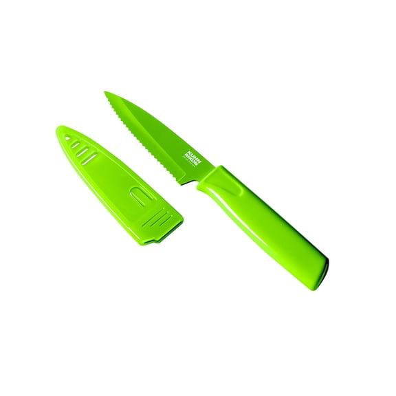 Kuhn Rikon Colori Non-Stick Serrated Paring Knife with Safety Sheath, 4 inch, Green